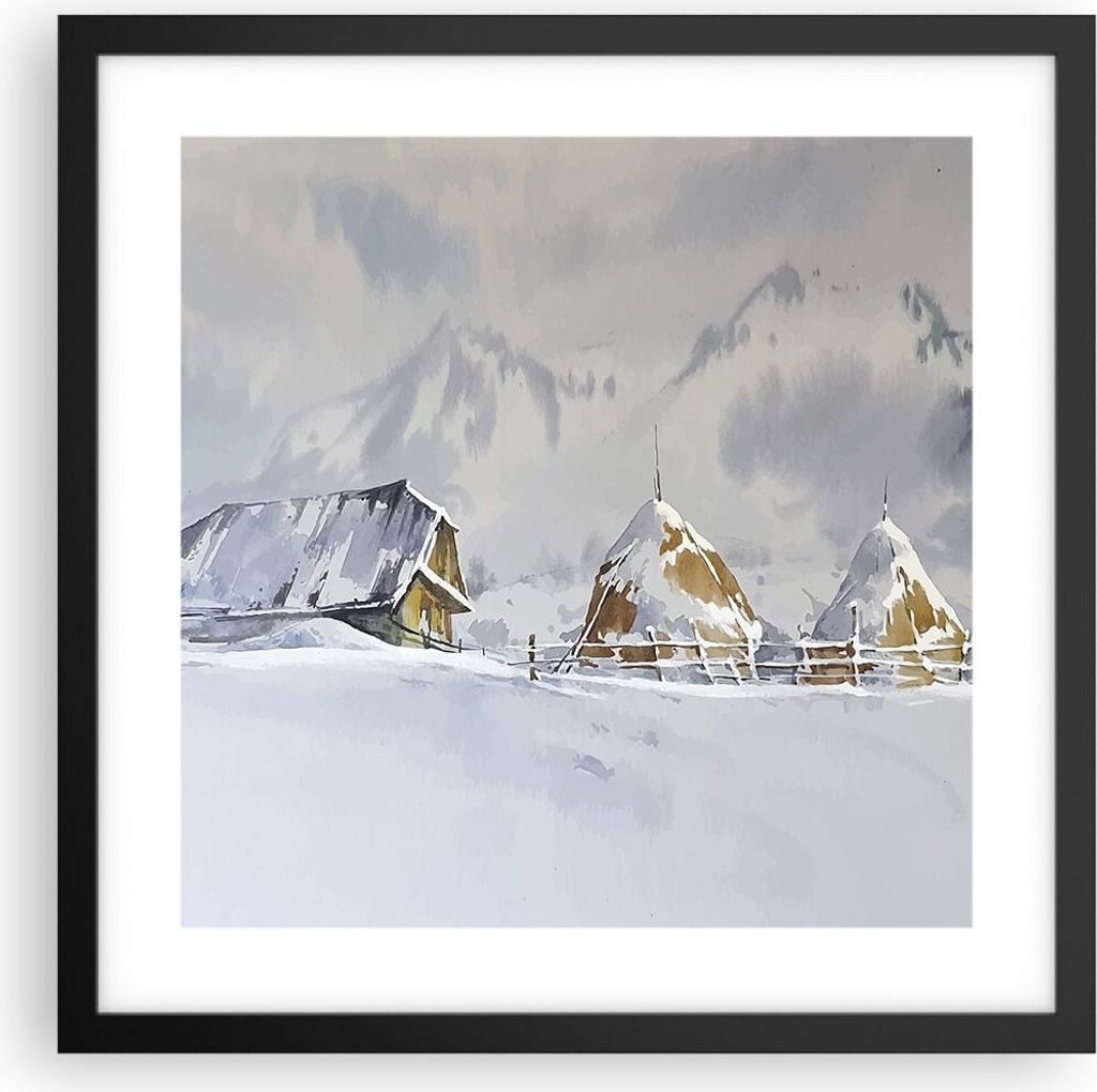 Gerahmtes Poster - Schwarzer Rahmen - Haus Berge Schnee - 40x40 cm - Wand Bild - Wanddeko - Wandbilder - Kunstposter - Wandposter - Bilderrahmen - ...
