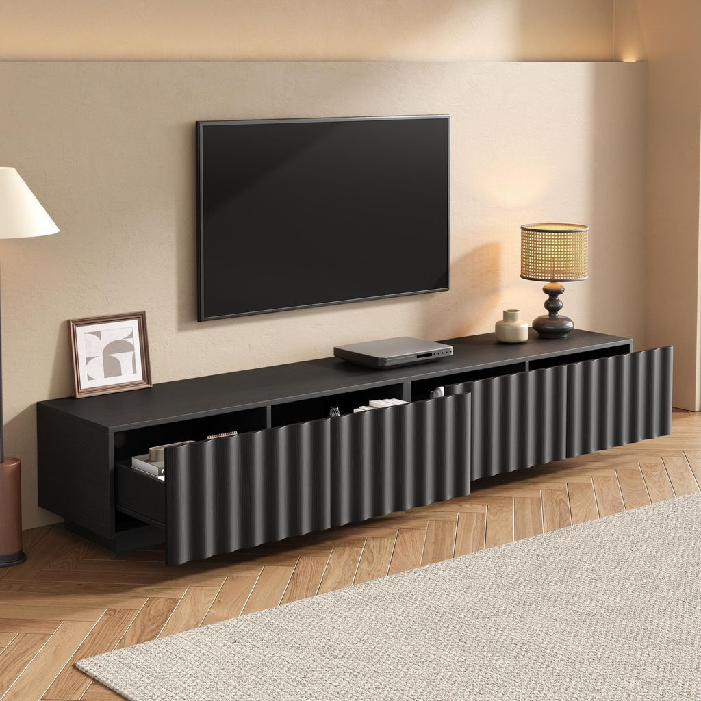 okwish TV-Lowboard mit Schubladen, TV-Schrank wellenförmiges Design,Push-to-open-Funktion, Fernsehbank Für Wohnzimmer in Schwarz
