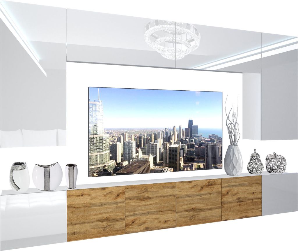 BELINI Wohnwand Vollausstattung Wohnzimmer-Set Moderne Schrankwand mit LED-Beleuchtung Weiß Glänzend Anbauwand TV-Schrank Weiß / Eiche Wotan Gl...