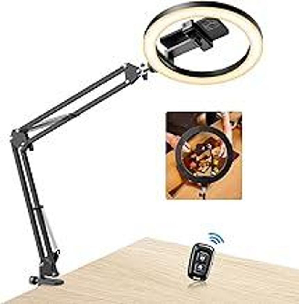 Evershop Ringlicht mit Stativ Handy Overhead,10” Ring Light mit Fernsteuerung Ringleuchte Flexibel Streaming Tisch Laptop Licht 3Lichtfarben+10 H...