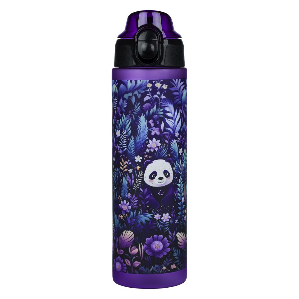A purple water bottle with a jungle panda design against a white background.