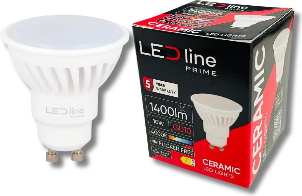 A product shot of an LED light bulb and its packaging.