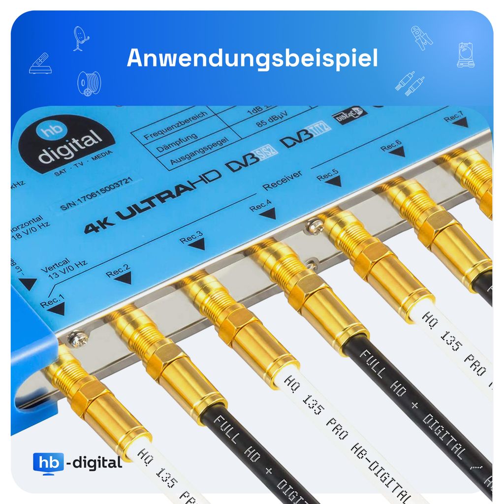 hb-digital SAT Anschlusskabel 20m 135dB 4-Fach Stahl Kupfer Produktbild 4