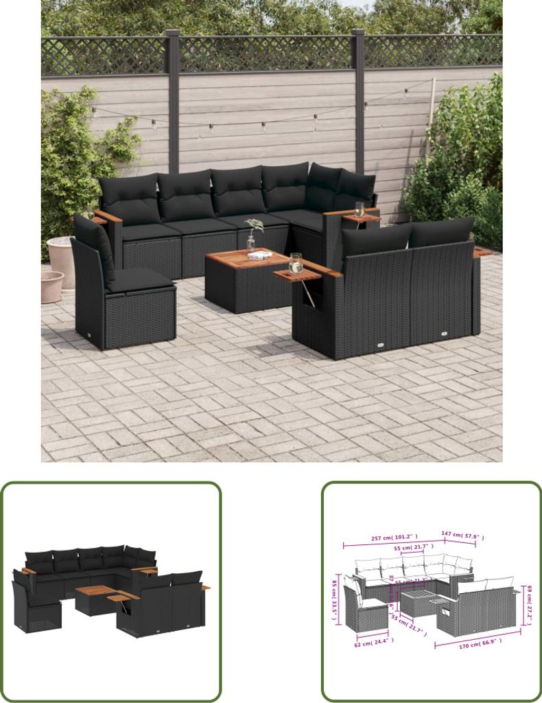 The Living Store 9-tlg. Garten-Sofagarnitur mit Kissen Schwarz Poly Rattan