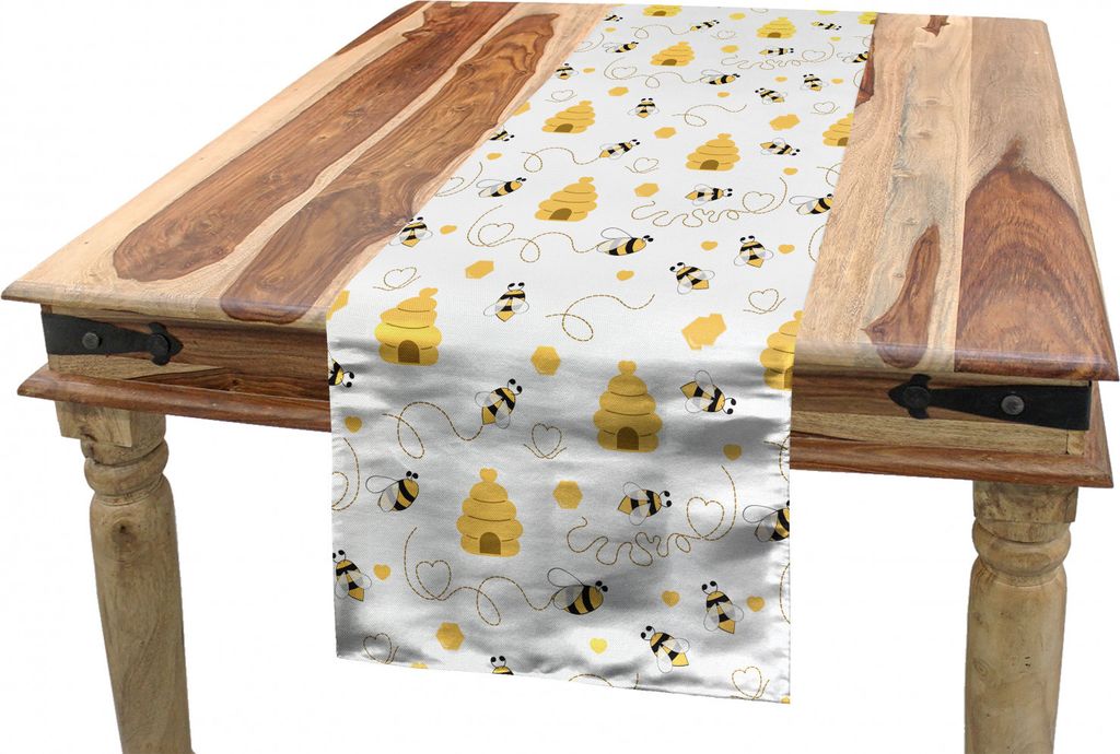 ABAKUHAUS Biene Tischläufer, Fliegen Bugs Herzen Beehives, Esszimmer Küche Rechteckiger Dekorativer Tischläufer, 40 x 300 cm, Mustard Weiß