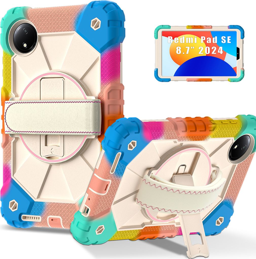 Hülle für Xiaomi Redmi Pad SE 8.7" 4G 2024 Tablette Schutzhülle Stoßfeste mit 360 Drehbarer Handschlaufe/Ständer Bunt Pink