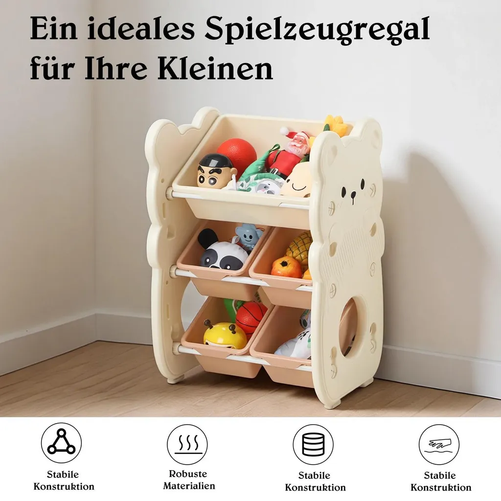 Bibliothèque enfant motif ours et bacs de rangement beige à 3 niveaux
