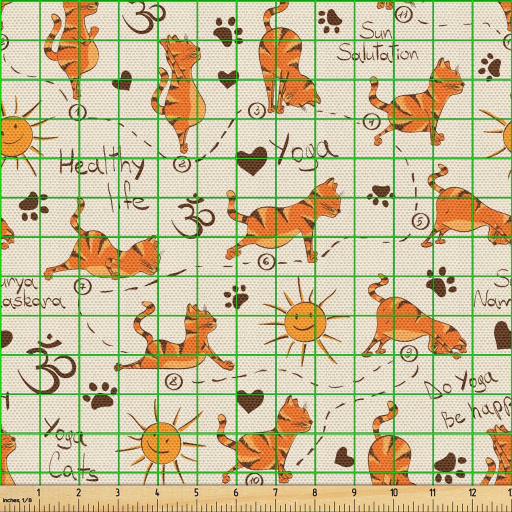ABAKUHAUS Katze Gewebe als Meterware, Seien Sie Yoga glücklich Theme Orange Katzen in Positionen Lächeln Suns Paws Prints Herzen, 1 M (148 x 100 ...