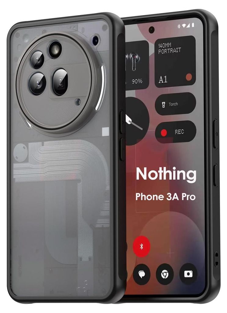 A close-up shot of a smartphone with a transparent back case, showing its internal components, and its screen displaying a user interface with various app icons and text.