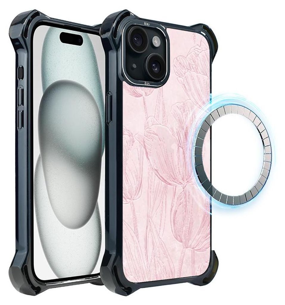Schutzhülle für das iPhone 15 Plus, MagSafe-kompatibel, verstärkte Ecken, schwarz, rosa Tulpen