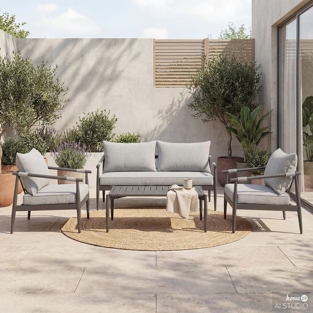 home24 Loungeset - 4-teilig - Aluminium / Polyester - Grau / Anthrazit