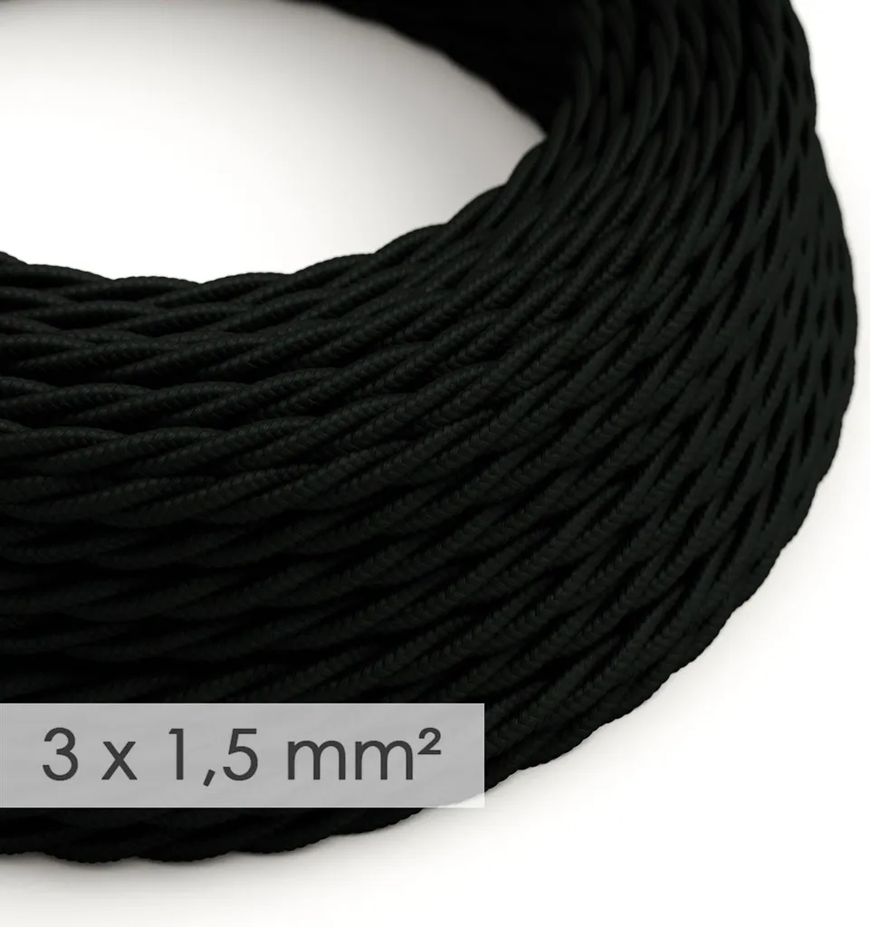 Câble électrique décoratif noir tressé 3x1,50mm idéal pour suspension 10m