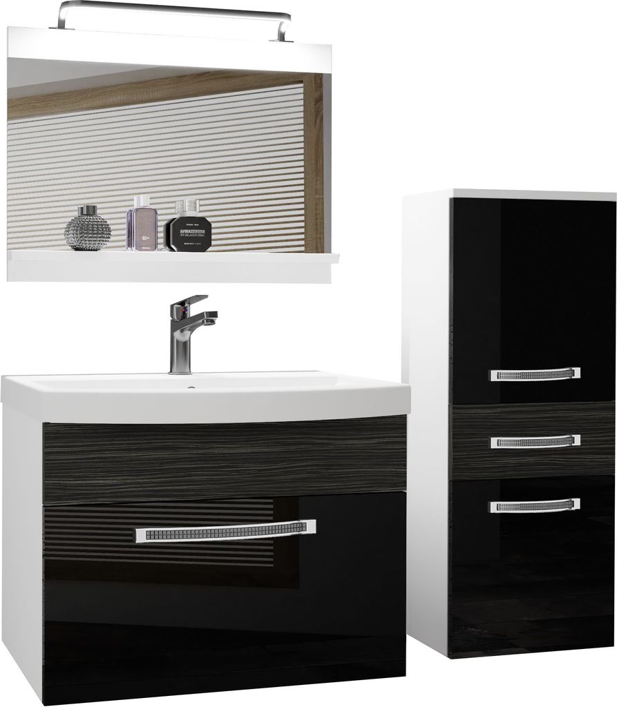 BELINI Badmöbel Vollausstattung Set Waschbeckenschrank, kleiner Schrank, Waschbecken, Spiegel, Lampe (Schwarz / Ebenholz Royal, Glänzend und Matt)