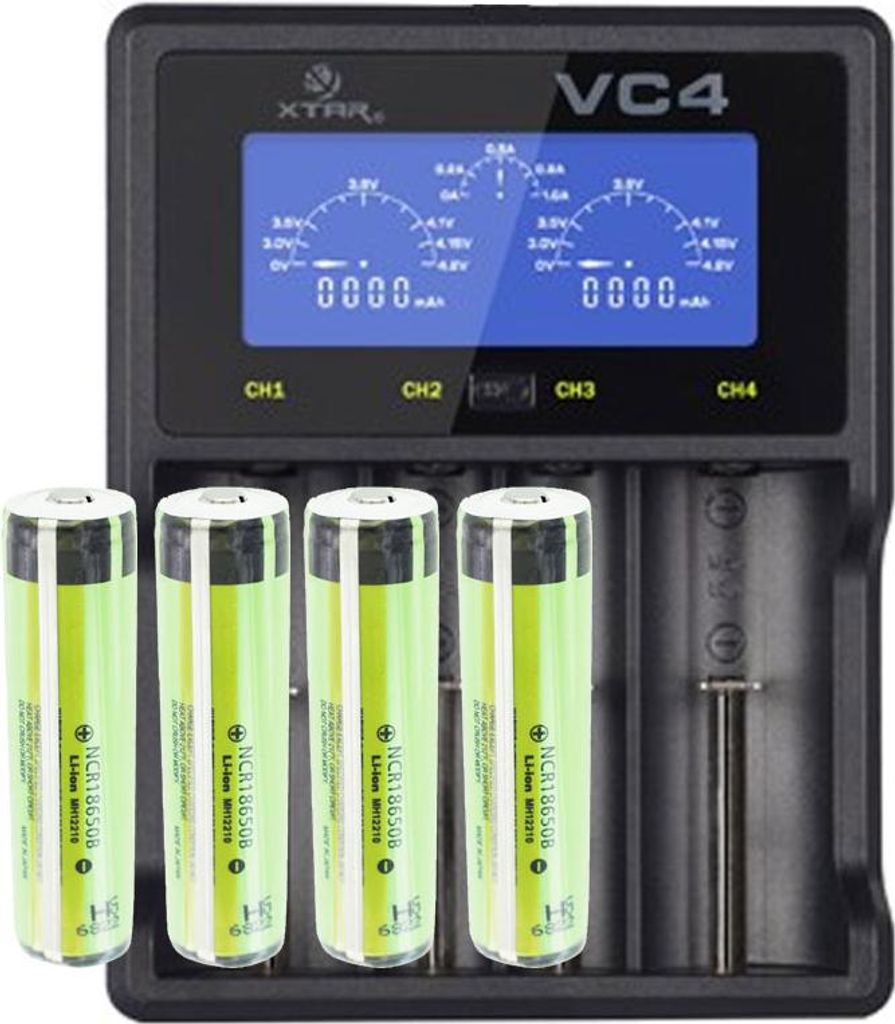 Panasonic 18650 Li-Ion Akku geschützt mit 3,7 Volt, 3400mAh 4 Stück und LCD-Schnell-Ladegerät