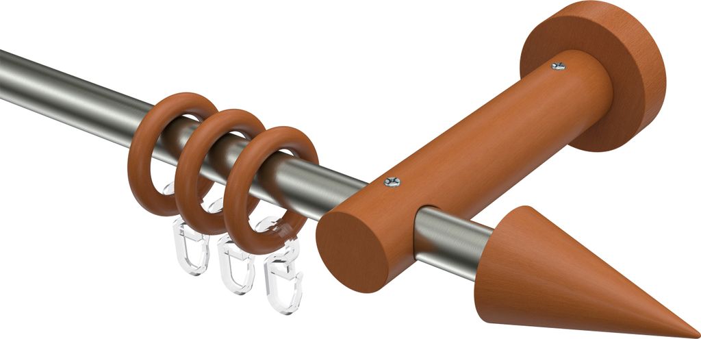 Interdeco Gardinenstange / Vorhangstange Edelstahl / Kirschbaum lackiert, Typ Adrian Holly (Kegel), 16 mm Ø 1-läufig, 200 cm
