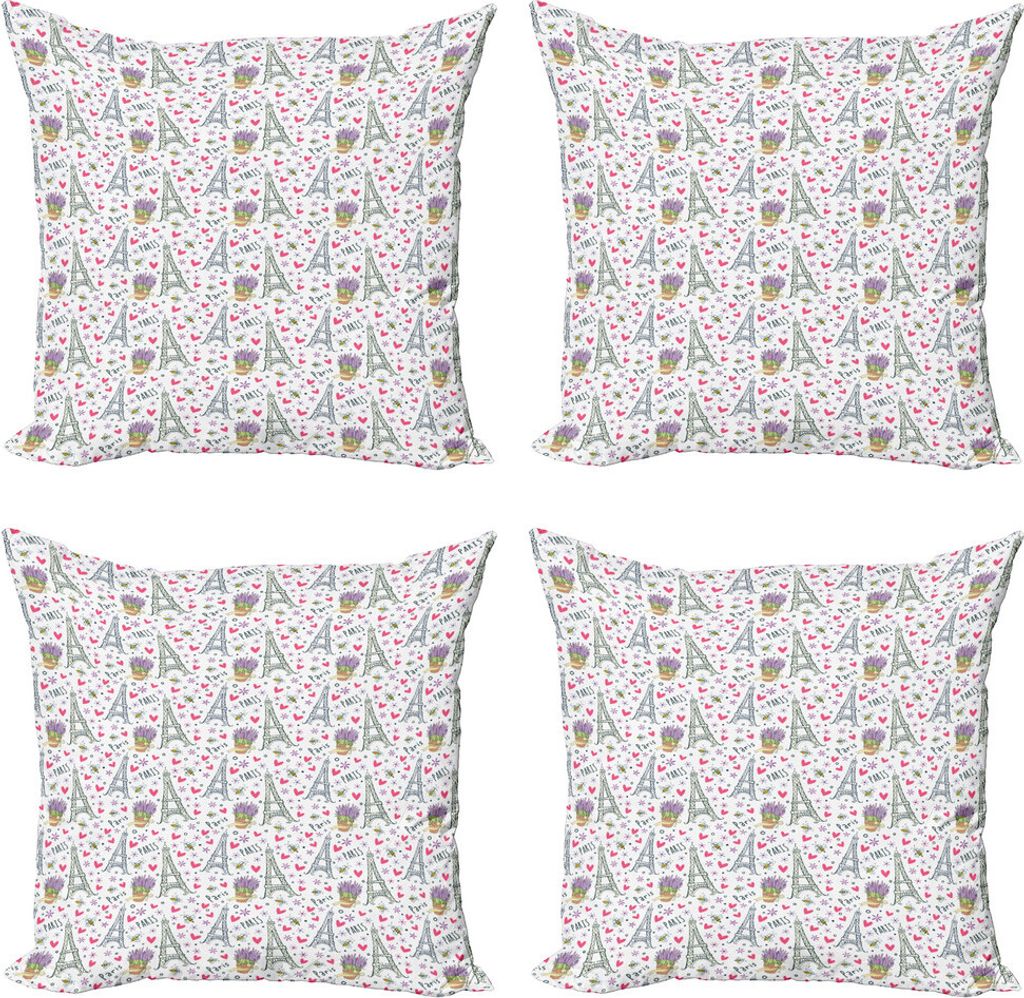 ABAKUHAUS Eiffelturm Kissenbezug Set (4 Stück), Romantische Doodle Artikel, Moderner Doppelseitiger Digitaldruck, 60 cm x 60 cm, rosa Multicolor