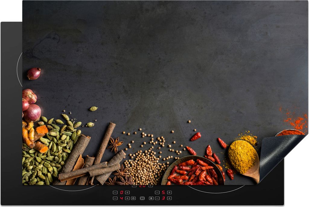 KitchenYeah Herdabdeckplatte Kräuter - Lebensmittel - Gewürze - Schwarz - Paprika - Zimt , 81x52cm, Küche Deko, Glaskeramikfeld Herdabdeckung,...