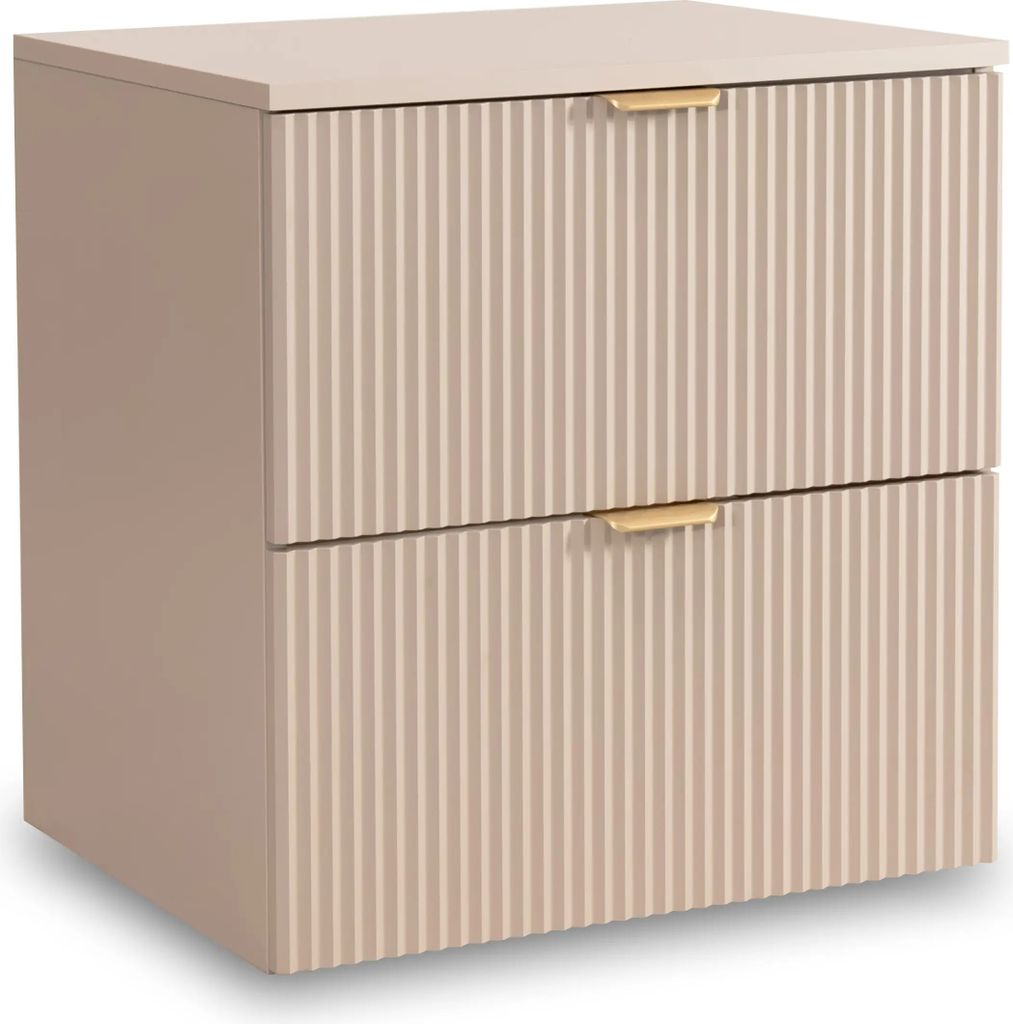 A beige washbasin cabinet with fluted fronts and gold handles is shown against a white background.