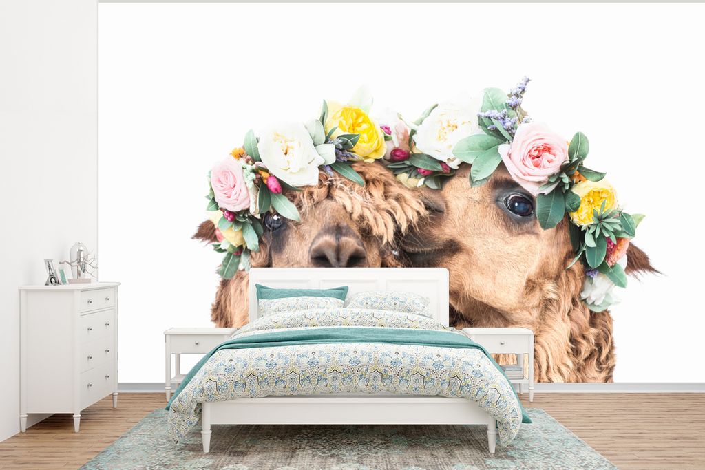 MuchoWow Fototapete für Wohnzimmer oder Schlafzimmer Wandtapete Vinyl Motivtapete Alpaka - Blumen - Tiere - Natur - 375x280 cm - Schlafzimmer ta...