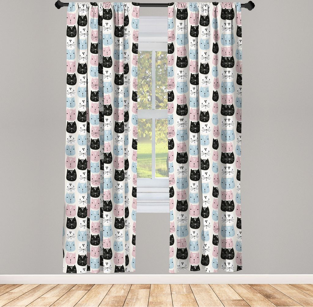 ABAKUHAUS Katze Vorhänge, Gardinen, Doodle Kitten Portraits Tiere Meow Paws Childish Cartoon-Art-Entwurf, 2 Stück 75 x 245 cm, , Mehrfarbig und K...