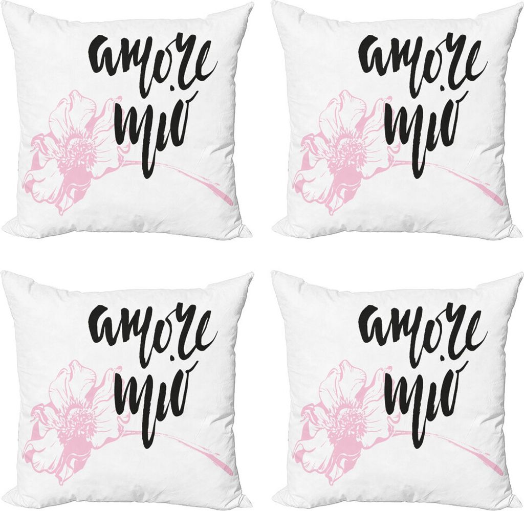 ABAKUHAUS Amore sagen Kissenbezug Set (4 Stück), Amore Mio mit Blumen, Moderner Doppelseitiger Digitaldruck, 45 cm x 45 cm, Pale Pink Koksgraue