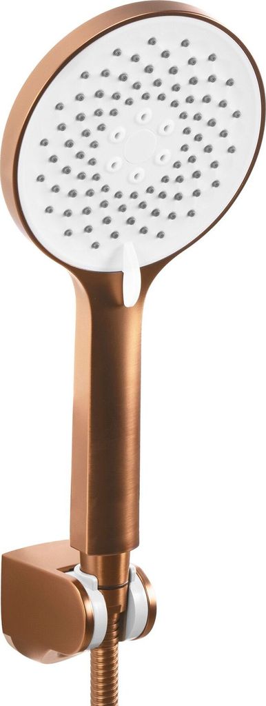 A copper-colored shower head with a white faceplate, mounted on a wall bracket.