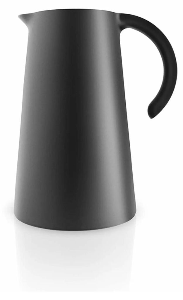 A black insulated jug with a handle, shown in a studio setting with a white background and reflection.