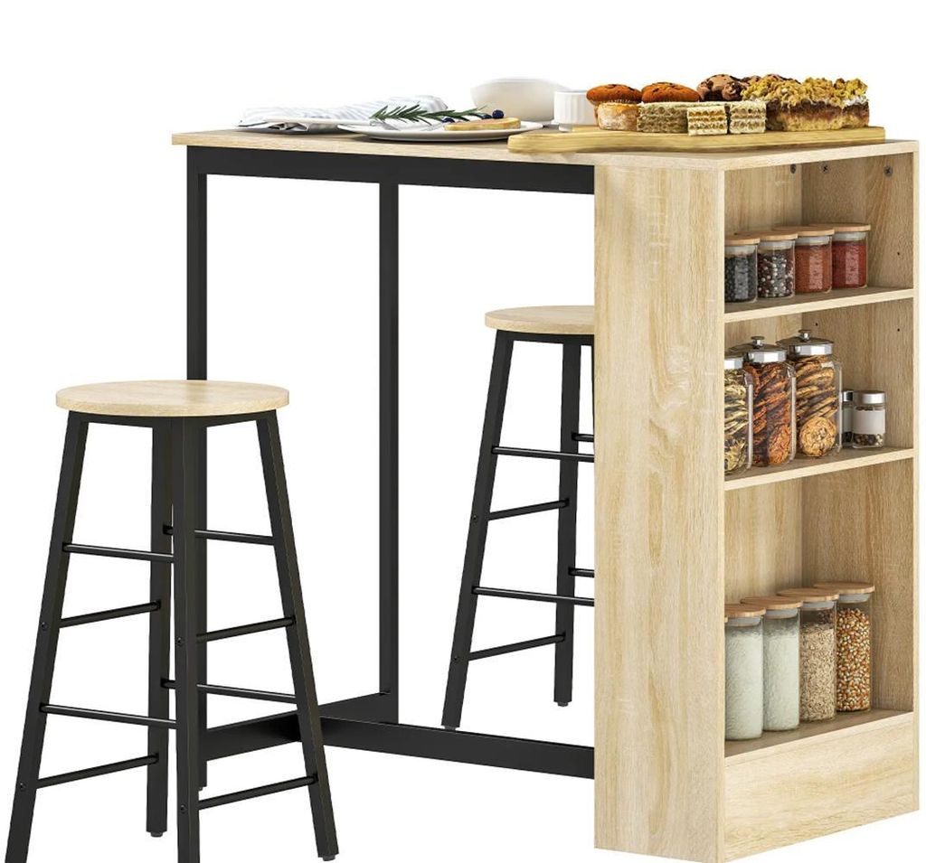 3-teiliges Bartisch-Set, Küchentisch mit 1 Tresen, Esszimmer mit 2 Stühle, mit Stauraum und Fußstützen, platzsparend