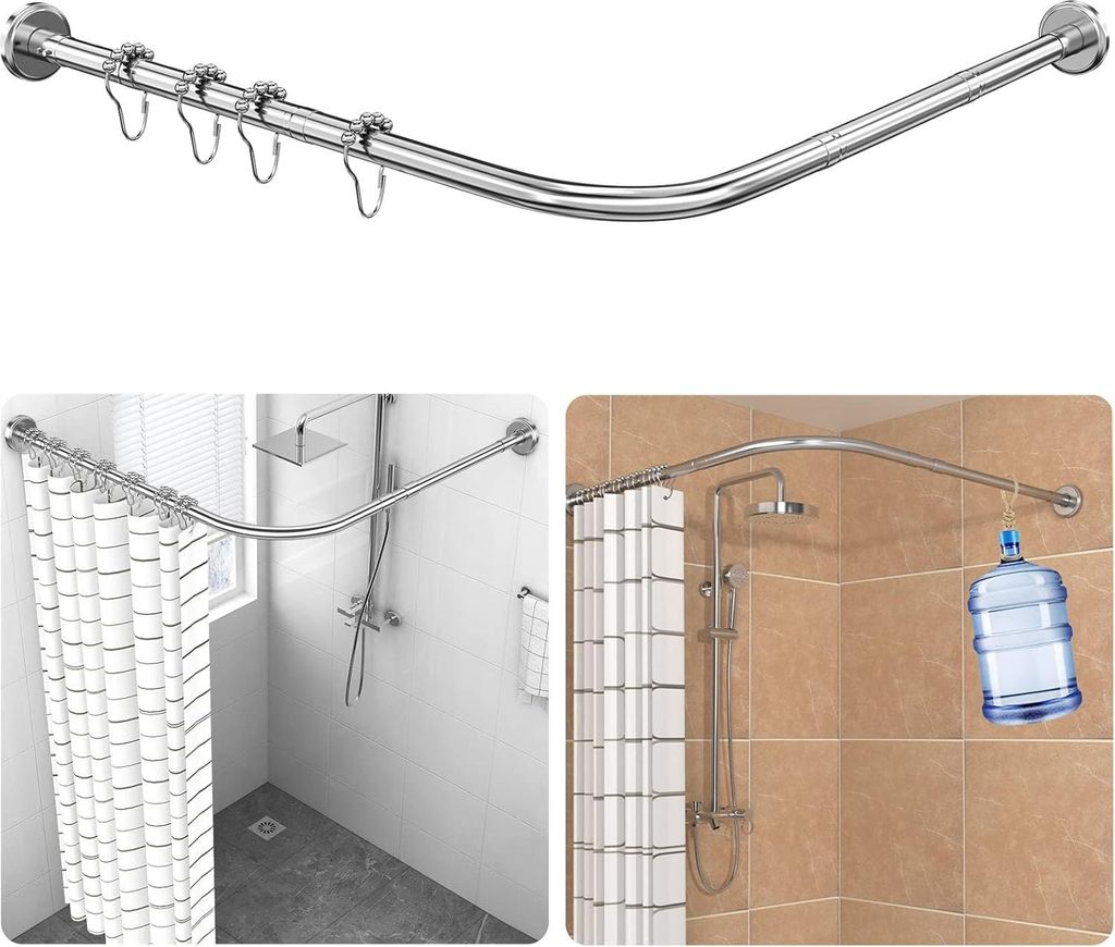 Verstellbare L-förmige Duschvorhangstange - Inkl. 18 Ringen - Edelstahl - Erweiterbar - Für Badewanne / Dusche - 70-100x110-170 cm