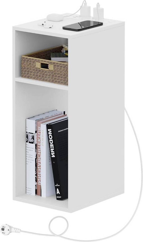 WOLTU Nachttisch mit Ladefunktion, schmaler Beistelltisch, Stauraum 2 offene Fächer, Weiß