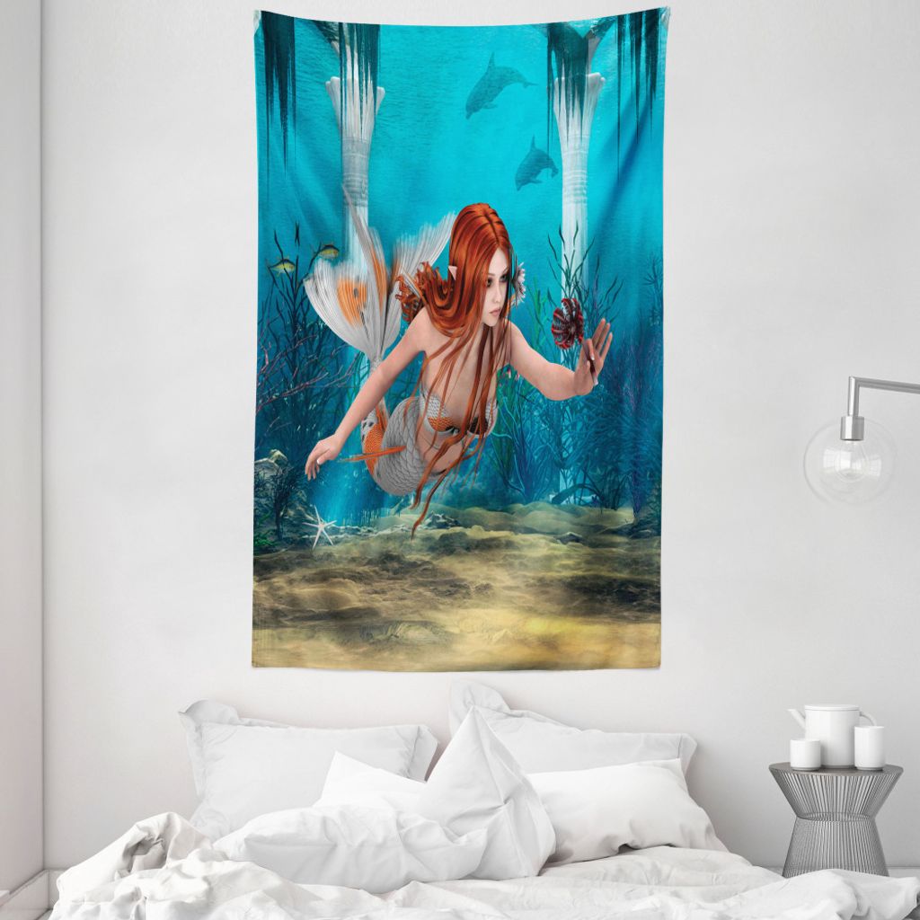 ABAKUHAUS Meerjungfrau Wandteppich und Tagesdecke, Magie Aqua Seelilie aus Weiches Mikrofaser Stoff Waschbar ohne Verblassen Digitaldruck, 140 x 23...