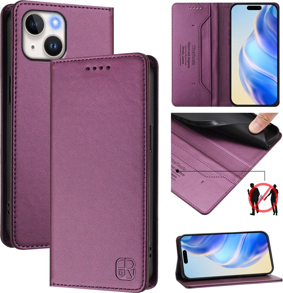 Lederhülle für iPhone 15 Hülle Flip Brieftasche Kartenfächern Ständer Schutzhülle Lila