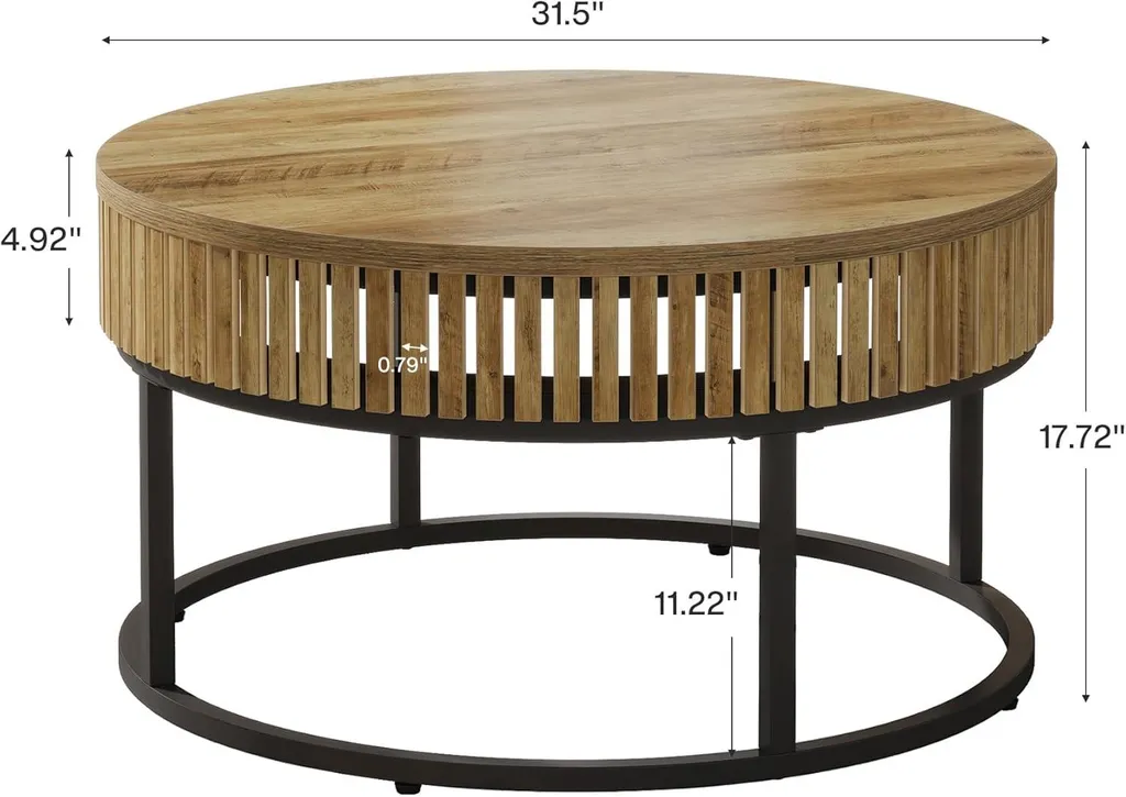 Tribesigns Table basse ronde 80 cm en bois marron clair style industriel
