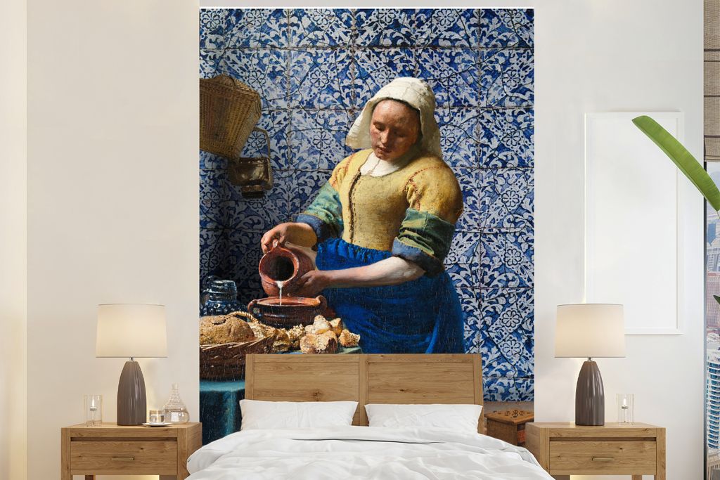 MuchoWow Fototapete für Wohnzimmer oder Schlafzimmer Wandtapete Vinyl Motivtapete Milchmädchen - Delfter Blau - Vermeer - Gemälde - Alte Meist...