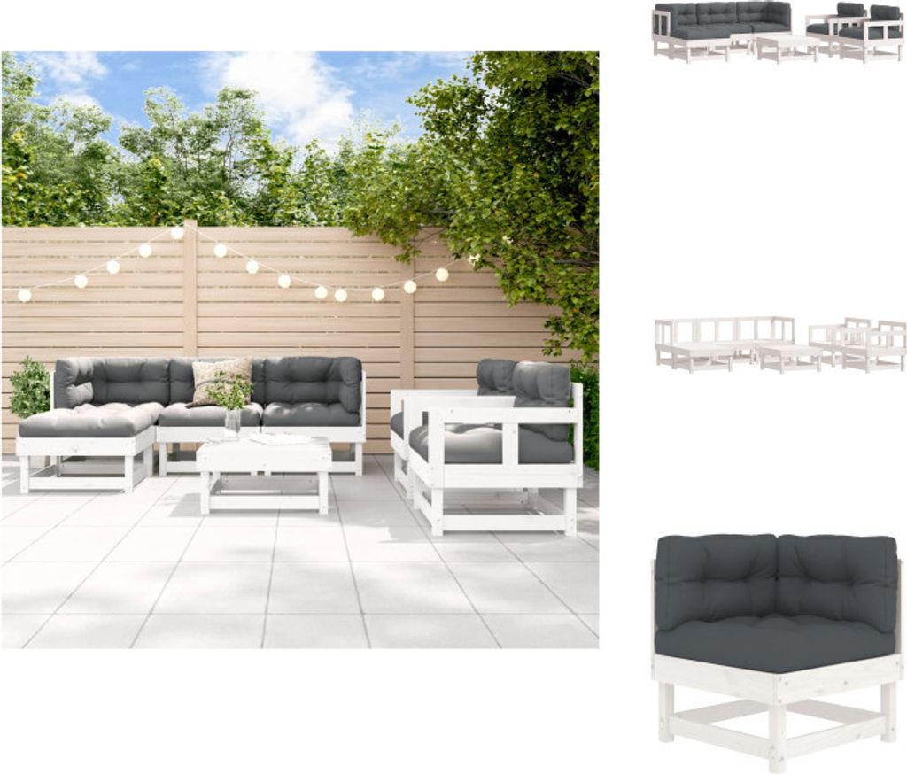 vidaXL 7-tlg. Garten-Lounge-Set mit Kissen Weiß Massivholz - Gartenmöbel-Sets