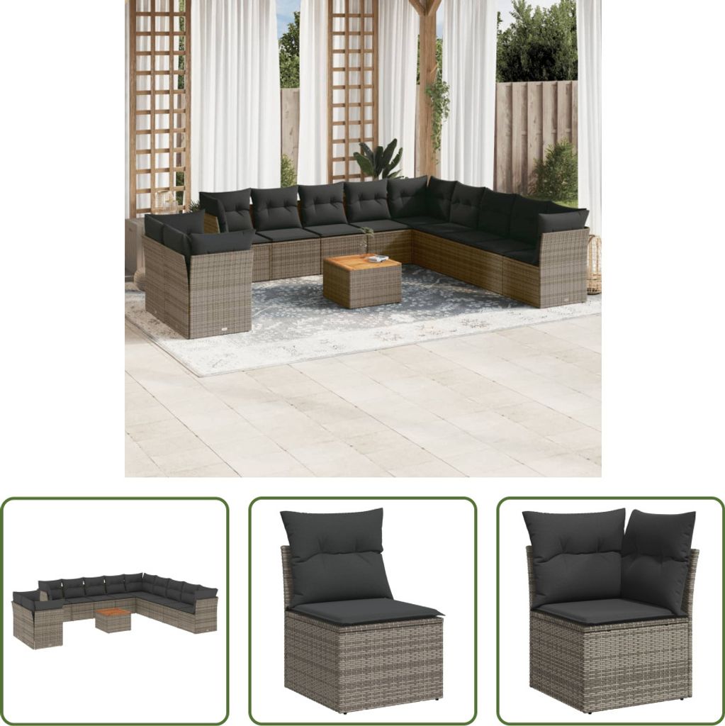 The Living Store 12-tlg. Garten-Sofagarnitur mit Kissen Grau Poly Rattan