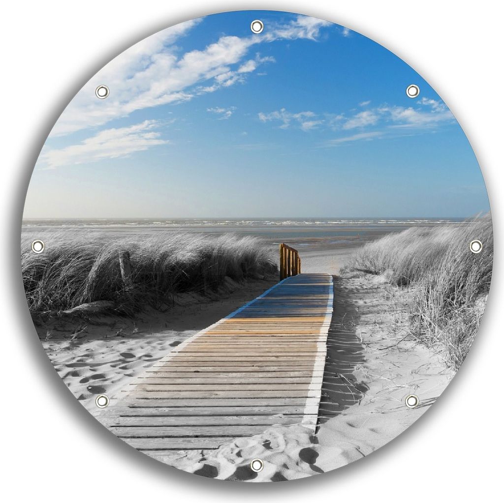 Wallario rundes Outdoor-Poster für Garten oder Balkon, Motiv Auf dem Holzweg zum Strand in schwarz-weiß Optik, 30 cm Durchmesser