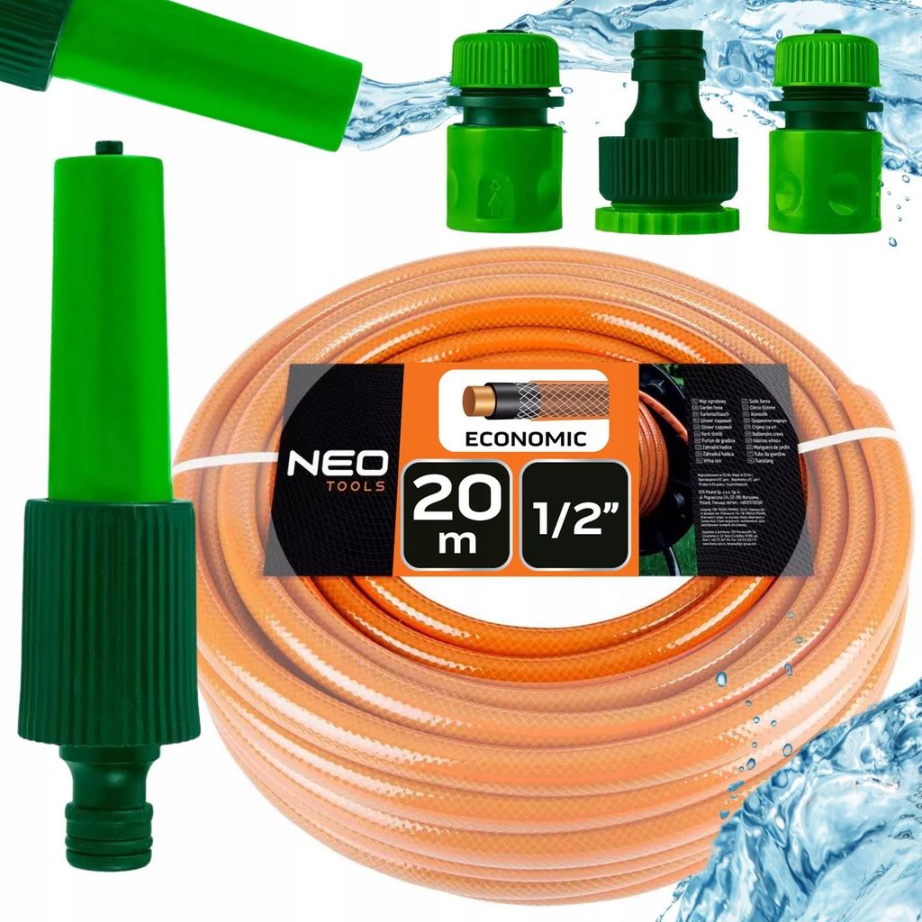 NEO TOOLS 5 tlg. Set: Gartenschlauch (1/2 Zoll, 20 m, 4-lagig, 20 bar) + Wasserspritze + 3 Stück Anschluss Kit