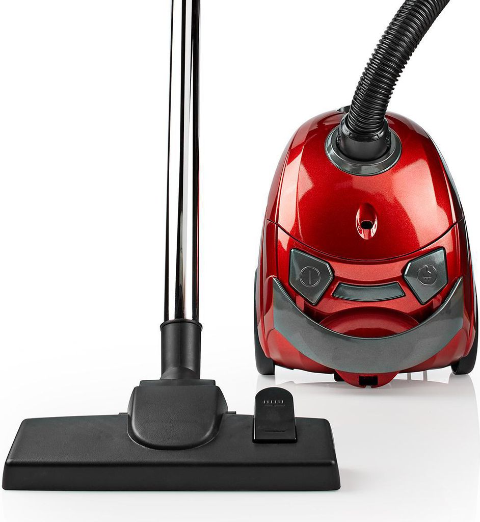 A red vacuum cleaner with its floor head and handle is shown against a white background.