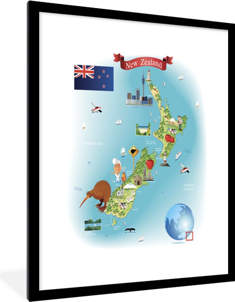 MuchoWow Gerahmtes Poster Eine Illustration der Karte von Neuseeland im Cartoon-Stil 60x80 cm - Poster mit Schwarzem Bilderrahmen Wandposter Rahm...