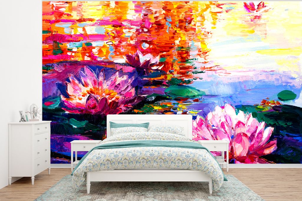 MuchoWow Fototapete für Wohnzimmer oder Schlafzimmer Wandtapete Vinyl Motivtapete Gemälde - Öl - Seerose - Wasser - 350x260 cm - Wohnzimmer-Ta...