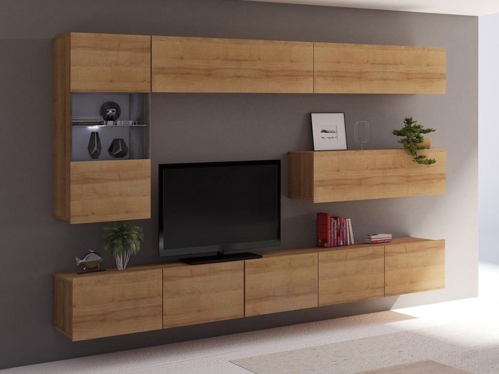 Wohnwand CALABRINI-4 Wohnzimmer-Set Hängewohnwand Schrankwand mit LED-Beleuchtung TV-Schrank Vitrine Moderne Anbauwand Hochglanz (Eiche Gold)
