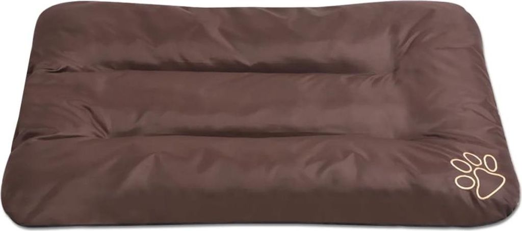 A brown dog bed with a paw print logo on a white background.