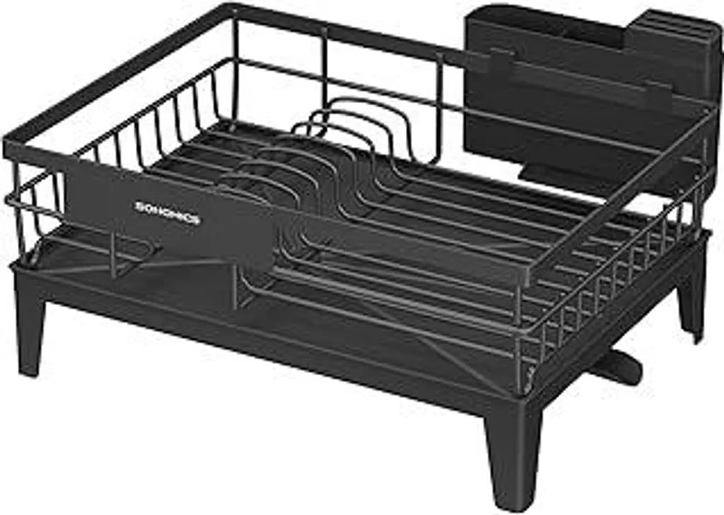 SONGMICS Scolapiatti, scolapiatti, scarico girevole a 360° ed estraibile, vaschetta di raccolta, portaposate, cucina, 31 x 42 x 18,5 cm, nero inchiostro KCS550B01