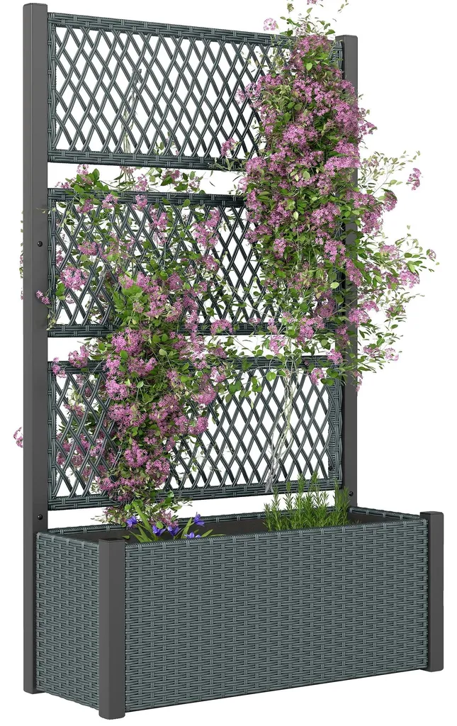 Jardinière treillis design en rotin gris clair robuste et anti-UV
