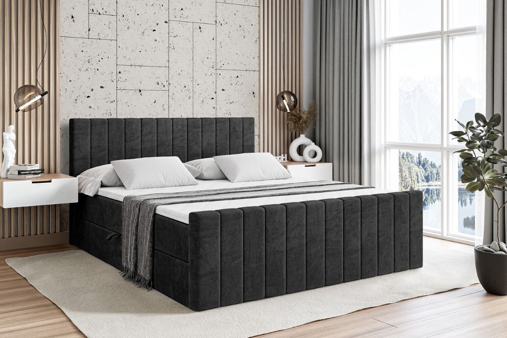ALTDECOR Boxspringbett mit Fußteil, H4 Matratze und Topper - 200x200 cm - EDITA-Z - Schwarz Samt - Polsterbett mit Bettkasten und Lattenrost, Bett...