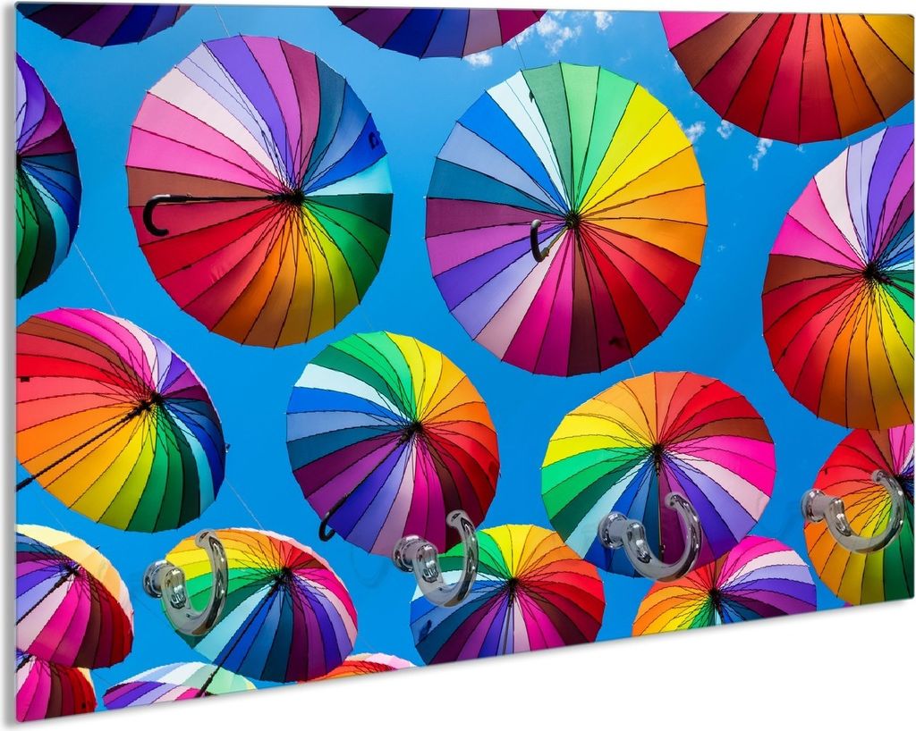 Wallario Schlüsselbrett aus Glas, Motiv: Bunte Regenschirme vor blauem Himmel, 30 x 20 cm mit 4 Haken