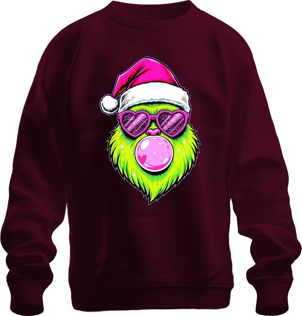 Grinch Weihnachten Bubblegum Herzbrille Neon Kawaii Santa PopArt Uni Sweatshirt Pullover, Burgundy, S
