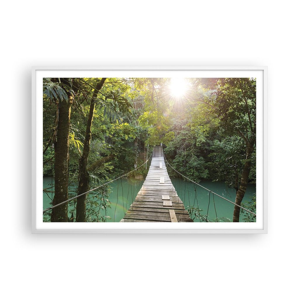 Gerahmtes Poster - Weißer Rahmen - Brücke Seil Dschungel - 100x70 cm - Wand Bild - Wanddeko - Wandbilder - Kunstposter - Wandposter - Bilderrahme...