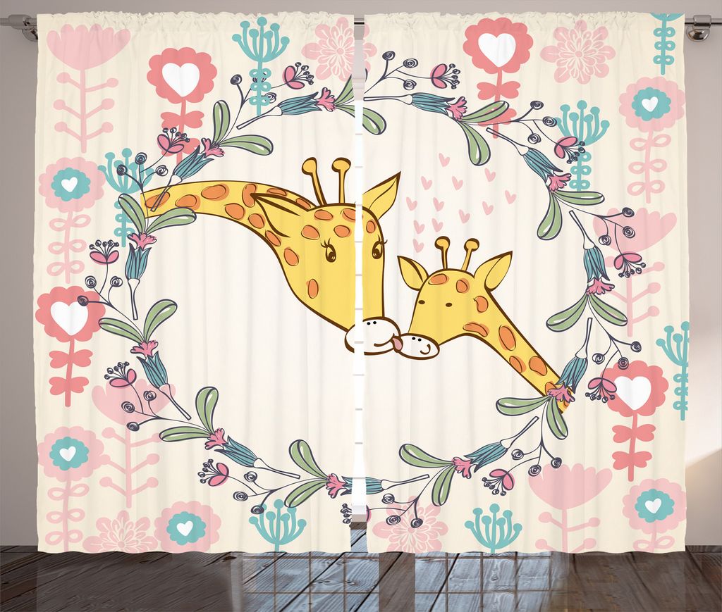 ABAKUHAUS Giraffe Rustikaler Gardine, Cartoon Mutter und Kind, Schlafzimmer Kräuselband Vorhang mit Schlaufen und Haken, 280 x 175 cm, Mehrfarbig